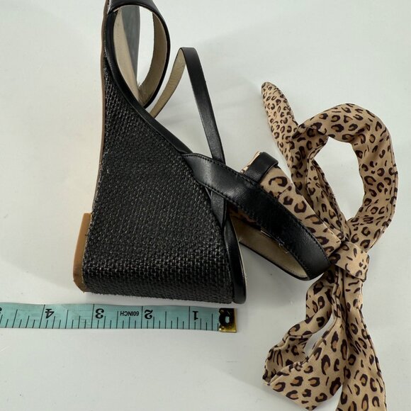 Sanctuary Whimsy 7M Black Leather Upper Wedge Sandals W/ Leopard Scarf Strap - Picture 7 of 11